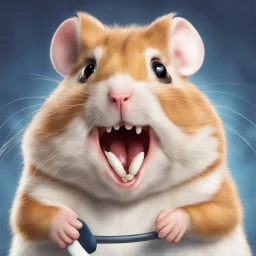 Close-up portrait of Hamster hockey player goon with tooth missing, dramatic, cartoon realism, hyperreal, kinetic, missing tooth!