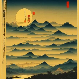 Ukiyo-e, mountains, sun