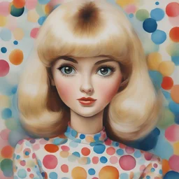 1970s,, barbie dill, , in the style of Margaret Keane, watercolor dots in the background