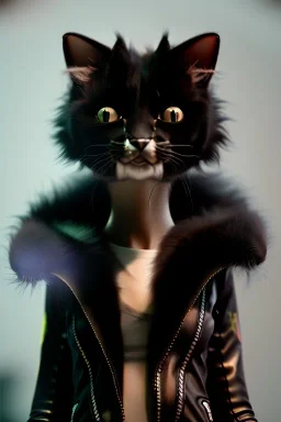 scary cat, long fur, soft, cute, black, Cyberpunk, city