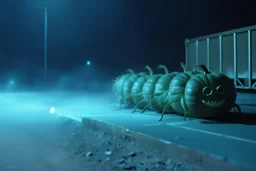 anthropomorphic pumpkin centipede hybrid hiding behind dumpster in a Wal-Mart parking lot at night, horror, dashboard cam, high film grain, low contrast, night vision