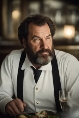 half figure shot photography of a 44 years old serious sicilian waiter in uniform, similar to Bud Spencer, bearded chubby man with hands in the pockets, in an elegant empty restaurant, bulge, bullneck, manly chest, unshaved, short hair, photorealistic, dim light , side light, view from the ground