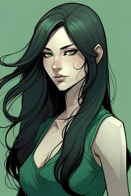 A woman, with long black hair that drapes down my back almost to my tush, and emerald-colored eyes that seem to shimmer like jades. Thin, but muscular, 5'9, 18 yrs old, SDXL