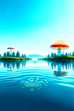 Landscape scene across a lake with mushrooms with jellyfish tentacles floating through a light blue clear sky