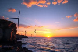 offshore wind farm off the shores of Nantucket, stunning coastline, sunset, photorealistic