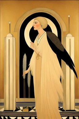 a woman with feathers in an Art Deco foyer by artist "Erté",by artist "Leonora Carrington",by artist "Bridget Bate Tichenor"