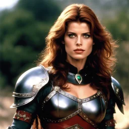 [high res 24k photo] Nastassja Kinski is a fierce warrior, blending the ferocity of Red Sonja with the seductive allure of Lilith, Queen of Vampires. With her hair cascading down her back, her piercing emerald eyes reflect both strength and an enigmatic depth. Clad in dark leather armor adorned with ancient symbols, she moves with an agility that belies her formidable power. Haunted by a tragic past, she wields a dual-edged sword, its blade inscribed with runes that pulse with dark energy. Nast