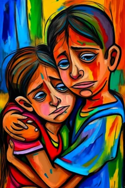 a girl hug her brother and both crying sadly, expressionism, Pixar style, in abstract art Basquiat, Picasso, Miro, Kandinsky, Klee, Birell, Fairey, Ardon, Buffet aand Picasso style, HD --s 750 --v 5.1 --style raw, water color