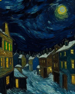 A city covered in snow in nighttime painted by Vincent van Gogh