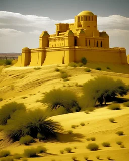 A yellow desert with an Egyptian fortress designed in ancient Greek pottery painted by Frank Lloyd Wright