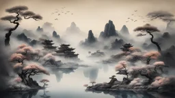 chinese painting, relaxation, luxury, dream world, calm beauty, symmetry, fantasy world, magic, beautiful composition, exquisite detail, 80mm lens