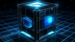 Cube tesseract from movie Loki. Located strictly in the middle of picture with space around it and with navy blue glow inside tesseract. Will be used for 404 error page.