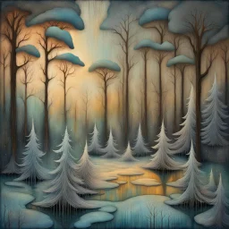 Grunge textured abstract impasto mixed media painting with dripping paint, fantastical otherworldly frozen winterscape with iridescent metallic colors, silver lines, style Amanda Clarke, Andy Kehoe, Feininger, Klimt, Klee. Reflective frozen pond, surrounded by whimsical, filigree, impressive frosted trees standing tall between extraordinary storybook houses; tendrils, grasses, cattails. Dramatic sky with stormy clouds. with mercury glass patina, glowing golden sparks, vibrant iridescent colours,