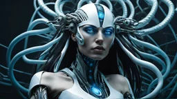 An android-mutant woman with long hair, a biomechanical mutant with sky-blue eyes, white robot body, she is the AI-Medusa woman with like snakes of hair, the wirling with blue-white hair, sitting a futuristic chair, stunning, mystic and sci-fi mix creature, high detalied, sharp focus, perfect beauty, professional photo