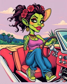 Consuela Mexican woman in a tank-top and jeans, illustrated in a RAT Fink Ed Roth's monsters Style driving a convertible car, big head with small body, cholla with face tattoo, cartoon kissy lips, rat fink t-shirt composition, 2 color silkscreen