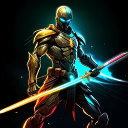 A legendary and wonderful long sword with in hand,A superhero man with infinite power and technology from the galactic race