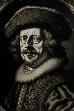 An artwork engraved and printed in black and white in the style of Rembrandt