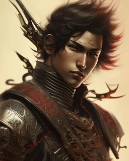 Detailed anime Man, dark brown hair, black and red dragon scale armor, intricate details, full body portrait, keep head in frame, slight smile, black Japanese motif, concept art, highly detailed, digital painting, concept art, sharp focus, illustration, art by Yoji Shinkawa