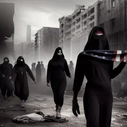 women, faces covered in black masks, ragged clothes, holding flag, war-torn, destroyed city in the background, 8k resolution, hyperrealistic, detailed matte painting, b&w, dynamic lighting, war, anarchy, terrorists