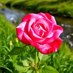 A Realistic Beautiful Rose With Both Pink And Red Petals In It On Green Grass With Nature Riverside Background.