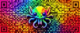 a qr code that looks like a space invader alien 3d voxel squid butterfly with colors from the rainbow spectrum