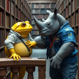 close up photo from a yellow color big and fat anthropomorphic frog in simple human clothes talking with a gray strong anthropomorphic rhinoceros without horns in blue modern security guard clothes, they talking and elbowing on an old wooden railing next to each other, in background a bibliothek with tall book shelves, detailed sci-fi, fantasy mood