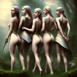 fantasy, three pretty young girls, elves, fairies, sirens, nip, from behind