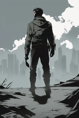 man, standing, silhouette, comic book,post-apocalypse, gray background,