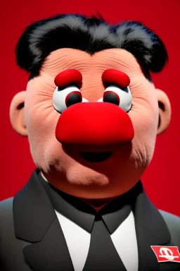 Waist up muppet Portrait, Kim Jong-un muppet doll, black suit, photo studio, red background, unreal engine 5, concept art, art station, god lights, ray tracing, RTX, lumen lighting, ultra detail, volumetric lighting, 3d.