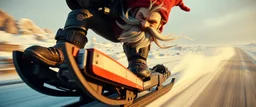 close up on gnome troll hit man with rocket boots in suit on a mech sled doing jumping stunt in winter wasteland, style of fallout 4, high speed with motion blur, on elevated road, beard blown into his face