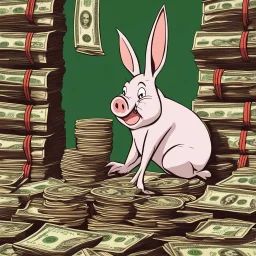 piggish cloven foot lying on stacks of money, bugs bunny playing poker