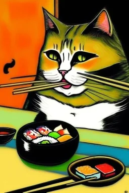 Cat eating sushi. Painting style of Edvard Munch