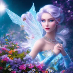 bright ice fairy, beautiful portrait, flowery landscape