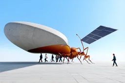 3D representation of architectural wonder, with a concrete design and matte reddish glass that contrasts with the light blue sky, emphasizing organic movement. Its design represents an ant with a bulbous tail and membrane wings with solar panels, its tail is made of concrete and glass. It stands out from pedestrians, creating a sense of scale. In open space, its use is a public place and as a great viewpoint in the mountains Combination of practicality and artistic expression in architecture