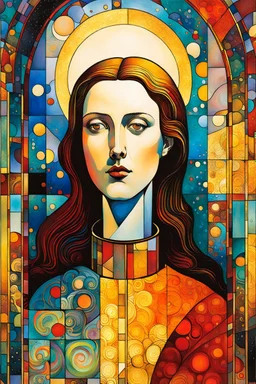 Create chaotic abstract cubist religious triptych depicting martyred Saint Justina of Padua, with highly detailed facial features, in the style of Bill Sienkiewicz, Philippe Druillet, Gustav Klimt, and Jean Giraud Moebius, precisely drawn, colored and inked