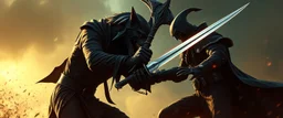 grim reaper werewolf vs vampire cyberpunk action scene, acrobatic dodge, cape harlekin, morning , scimitar