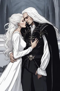 Strahd Von Zarovich being kissed by a beautiful woman with white hair, wearing an off the shoulder dress. Settling and background are a lavish toomb with an ebony coffin.