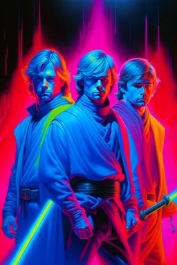 1970's dark fantasy cover dnd style oil painting of luke skywalker, obi-wan kenobi and han solo wearing sport outfits with minimalist far perspective. Neon pink and neon blue