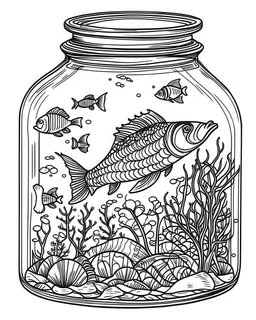 fish sea life in jar minimalistic, line art, background, vector, svg, coloring book page style, black outline on white background