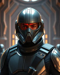 star wars bald male corellian pilot wearing pearlescent black and gunmetal grey First Order special forces heavy assault stealth commando armor and helmet with mirrored visor and gold and metallic red trim inside the jedi temple, hyperdetailed, dynamic lighting, hyperdetailed background, 8k resolution, volumetric lighting, light skin, fully symmetric details