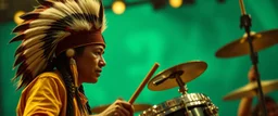maga hat boy facing the native american drummer like in the press in the style of giger and escher and fallout 4