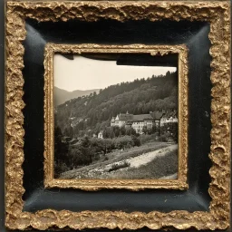 Daguerrotype frame old landscape odd creepy obsessive great nostalgia, bright, weird, old postcard landscape, cespugli, sfocato, sentiero, osceno, dettagli della cornice molto accentuati, polvere, horror, tridimensional, Germany 1950, old