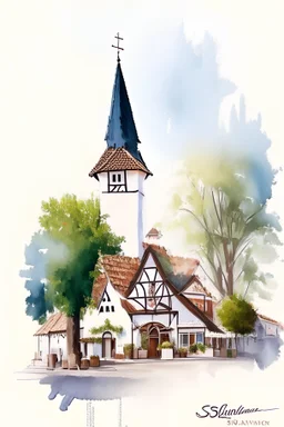 Watercolor painting of solvang with a white background