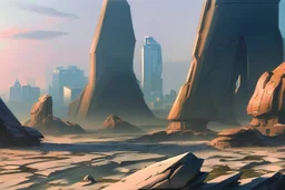 Sunny day, people near the, rocks seeing a distant modern city, sci-fi