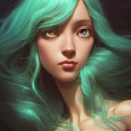 alien girl, cute, beautiful, long hair, curly hair, black hair, slim body, brown eyes, big eyes, green skin, turquoise dress, head and shoulders portrait, fantasy, 8k resolution concept art portrait by Greg Rutkowski, Artgerm, WLOP, Alphonse Mucha dynamic lighting hyperdetailed intricately detailed