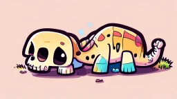 Cute chibi-style bony animal carcas, big ribs pointing up, lying on the ground, cartoony, colorful, exaggerated, simplified,