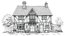 A front elevation line drawing of a fantasy mediaeval ramshackle house.