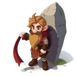Male Fantasy RPG character, chaabi kawaii Mario proportions, lord of the rings inspiration, Vandyke beard, with a long ribbon held out in front, bounding out from behind a large rock at an angle, isometric game