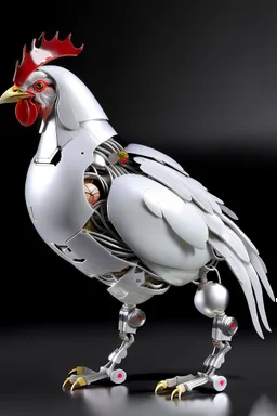 A robotic chiken with an Apple logo called “iBots”, suggesting it’s made from an Apple product’s casing. Its glossy white and silver limbs are mechanically jointed, reflecting a scarabet’s anatomy. The design is a creative fusion of technology and organic form, compactly labeled “ibots.” Hyper detailled, hyper realistic, 4K, sharp render