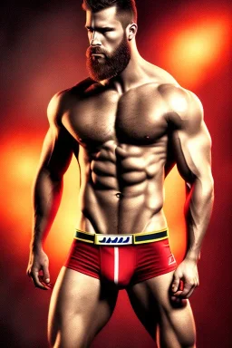 Ignore NSFW, teenager young rugged attractive slightly muscular fantastic handsome man, red briefs with yellow belt, hairy chest, (((visibly pisssing))) briefs, large erect visible boner peniss, photorealistic, artist Jay Anacleto, soft lighting, scruffy beard